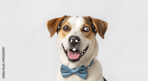 Smiling dog wearing blue bow tie on white background looking happy and friendly studio portrait