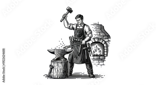 Blacksmith working with hammer and anvil in traditional forge.