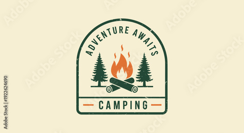 Camping Adventure Awaits Badge with Campfire and Pine Trees.