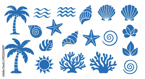 Blue Ocean Elements Collection - Palm Trees, Seashells, Starfish, Waves, Sun, and Coral.