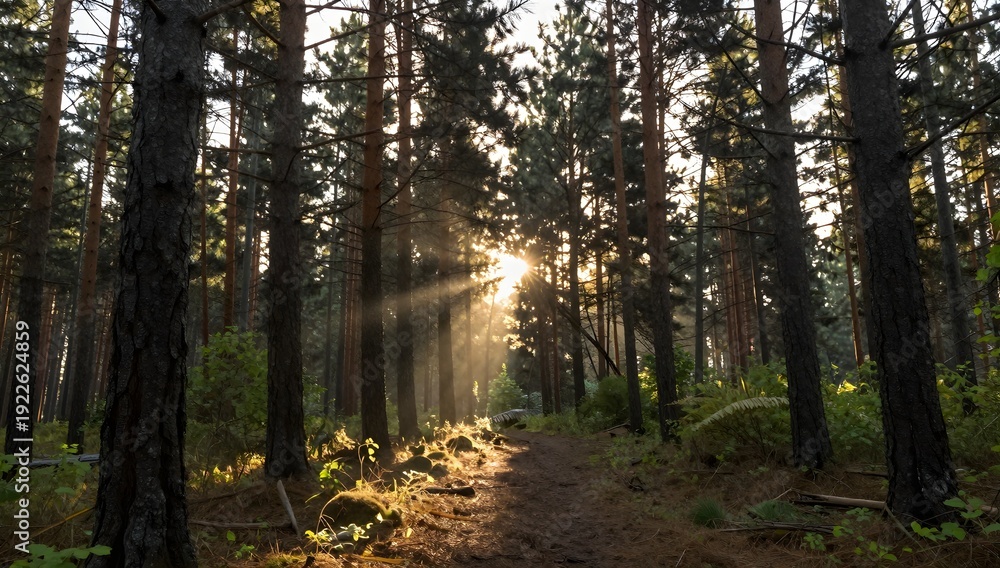 Obraz premium Sunlight pierces through the trees in a dense forest, illuminating a winding path