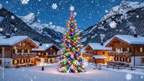 Wallpaper Mural Christmas Tree in Snowy Village with Mountains and Lights. Torontodigital.ca