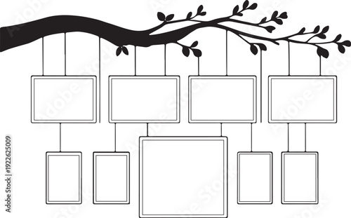 Hanging family tree template featuring blank photo frames suspended from a wooden branch with green leaves. Ideal for genealogy projects, memory displays, heritage layouts, scrapbook mockups, and home