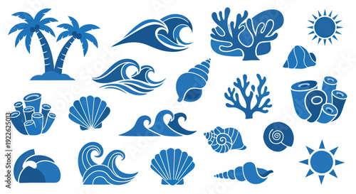 Collection of Blue Tropical Beach and Ocean Elements.