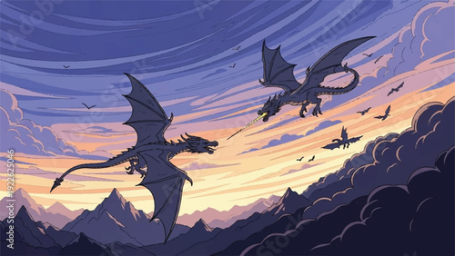 Majestic dragons soar over jagged cliffs at sunset in a dramatic fantasy landscape.