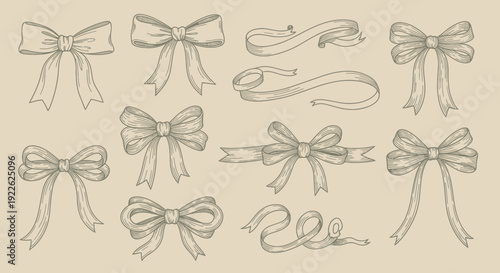 Collection of Hand-Drawn Ribbons and Bows in Various Styles.