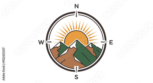 Compass Rose Over Mountains With Sunrise Symbol.