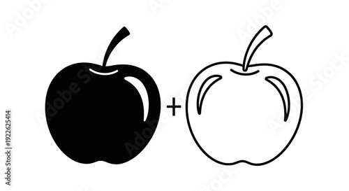 Black and white apple illustration with plus sign in the middle, vector design Vector