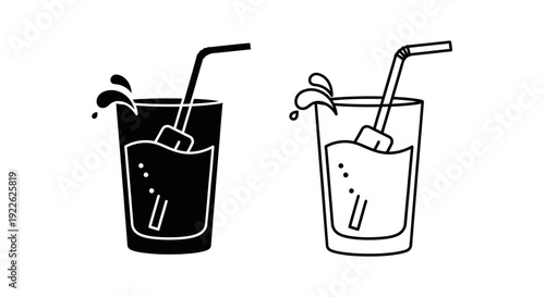 Two glasses of drinks with straws and ice cubes, one dark and one light Vector