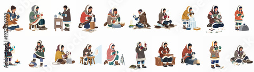 Traditional Inuit women hand-carving intricate sculptures and art, showcasing Arctic craftsmanship and cultural heritage.