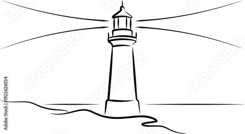 Lighthouse Line Art with Sweeping Light Beams – Minimal Coastal Vector Outline Variable Stroke Black on White