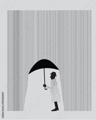 Minimalist Vector Illustration of Man with Umbrella in Rain for Weather Concept Poster and Autumn Season Background