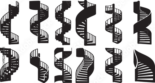 Collection of various black spiral staircase designs and patterns