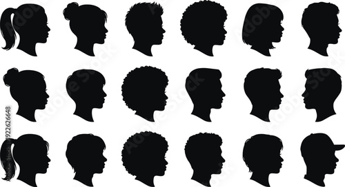 Human head silhouettes grid illustration, diverse hairstyles male female profile character design, vector artwork, identity and education theme, isolated background