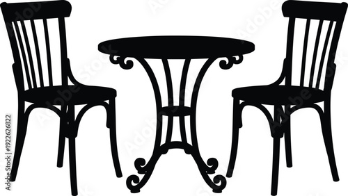 Table and chairs silhouette illustration, café furniture set ornate legs decorative design, vector artwork, lifestyle and education theme, isolated background