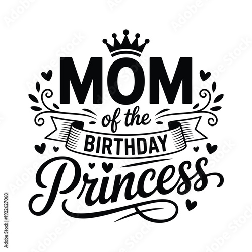 Black and white mom of the birthday princess crown with hearts and ribbon