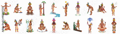 Indigenous spiritual practices and traditional rituals set, showcasing shamanic figures in native attire performing ancient ceremonies and connecting with nature.