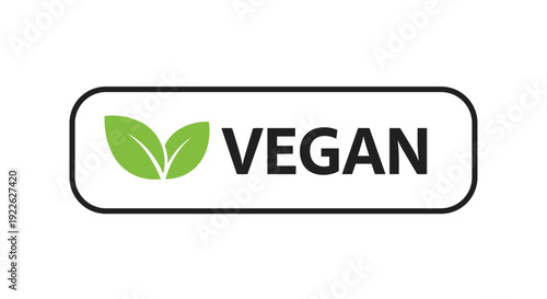 Minimalist vegan certification label featuring green leaves and bold text inside a rounded rectangle for food packaging design.