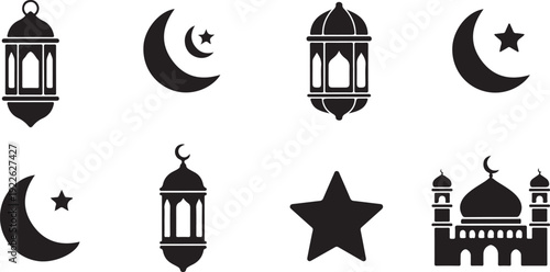 Ramadan kareem islamic icons set with mosque and lanterns