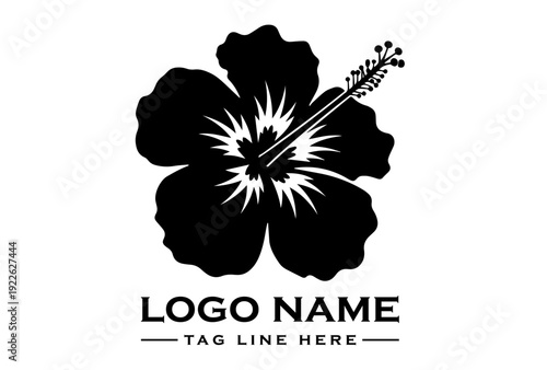Black hibiscus flower logo with white accents and sample text on a white background, simple graphic design.