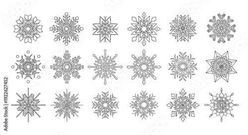 Detailed set of eighteen snowflake icons with unique geometric patterns for winter themes and holiday graphic design elements.