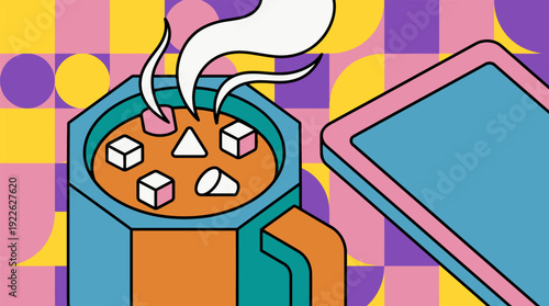 Steaming hot beverage with geometric marshmallows and tablet on vibrant abstract background.