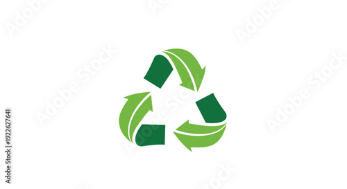 Green recycling symbol formed by curved leaf shapes to emphasize environmental conservation and sustainable waste management.