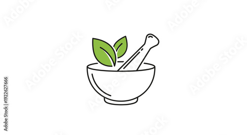 Simple illustration of a mortar and pestle with green leaves symbolizing the preparation of herbal medicine and natural remedies.