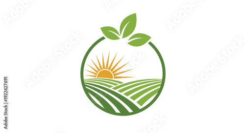 Circular landscape icon with rolling green fields, a rising sun, and three green leaves at the top representing agriculture.