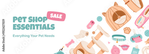 Pet Shop Sale Banner With Essentials. Banner featuring cat tree, toys, collar, bowls, and grooming supplies for pet care promotion.