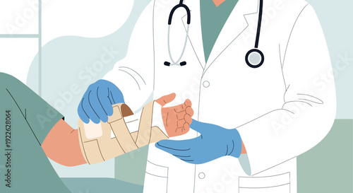 Doctor bandaging patient's injured arm in clinic, medical care, healthcare illustration