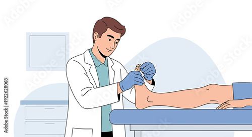 Doctor examining patient's foot in clinic, medical checkup, flat design illustration