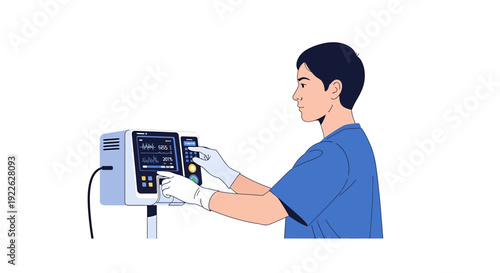 Doctor operating patient monitor with vital signs display