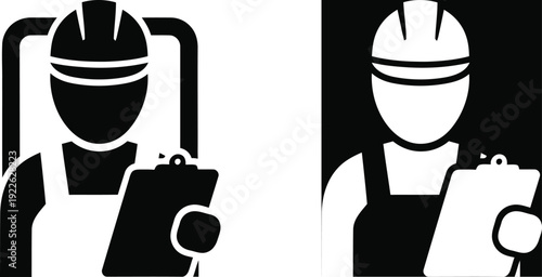 Black and white silhouettes of two workers wearing protective gear