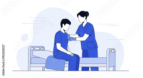 Nurse Helping Patient Sit Up in Hospital Bed, Medical Care Illustration
