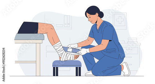 Nurse Bandaging Patient's Injured Ankle in Medical Clinic