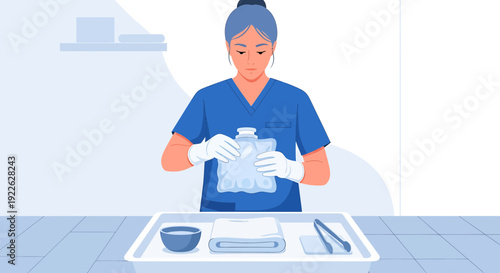 Nurse Preparing Cold Compress with Ice Pack and Medical Tray
