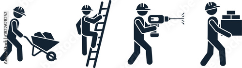 Construction workers performing various tasks on a building site
