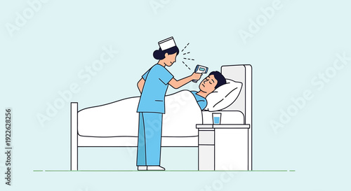 Nurse checks patient's temperature with digital thermometer in hospital bed
