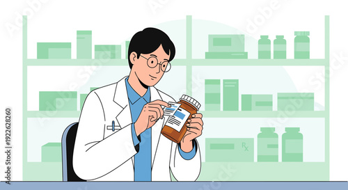 Pharmacist Applying Label to Medicine Bottle in Pharmacy