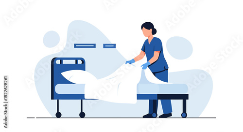 Nurse Making Hospital Bed with Clean White Linens