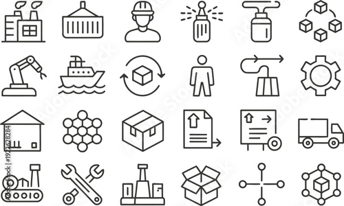 Industrial manufacturing and factory line art Icon Set