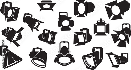 Collection of various stage lights and spotlights icons set