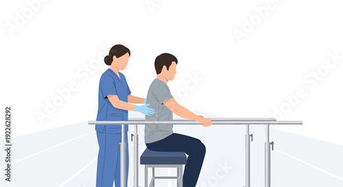 Physical Therapist Assists Patient During Rehabilitation Exercise on Parallel Bars