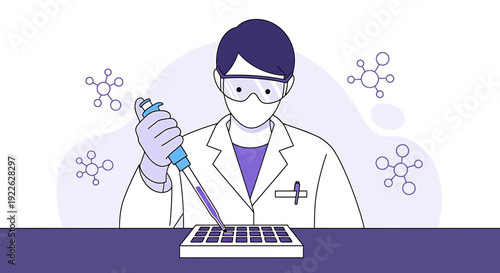 Scientist Conducting Research in Laboratory, Pipetting Liquid into Microplate