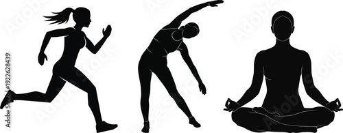 Three black silhouettes of women engaging in yoga and running exercises