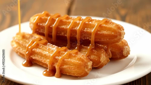 Delicious Churros with Caramel Sauce on White Plate.