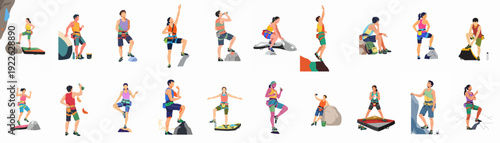 Diverse climbers in various poses, showcasing bouldering and rock climbing activities, including preparation, action, and relaxation moments, with essential gear.