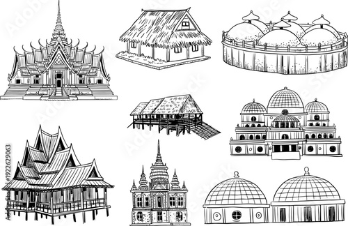 Hand drawn collection of traditional Asian architecture icons including ornate temples royal pavilions and rustic stilt houses in line art style