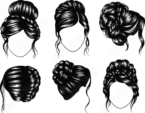 Hand drawn engraved vector set of bridal hairstyles with braided buns elegant woman updos and wedding hair styling for beauty salon